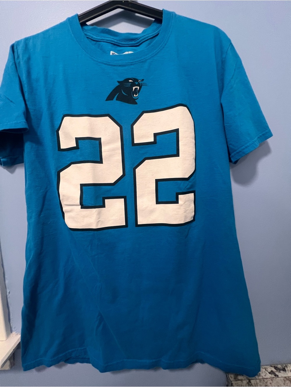 NFL Men’s Teal Short Sleeve Tee with White 22 and Panther Logo